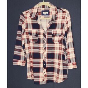 Market & Spruce Plaid Shirt Women Medium 3/4 Sleeve Button Down Red Navy White